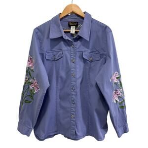 Bob Mackie Periwinkle Blue Western Shacket Embroidered Tiger Lilies Sz L Buttons